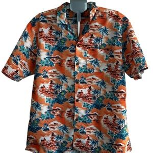 Tropical Storm Hawaiian Shirt Men’s XXL Orange Blue Island Print Aloha Button Up